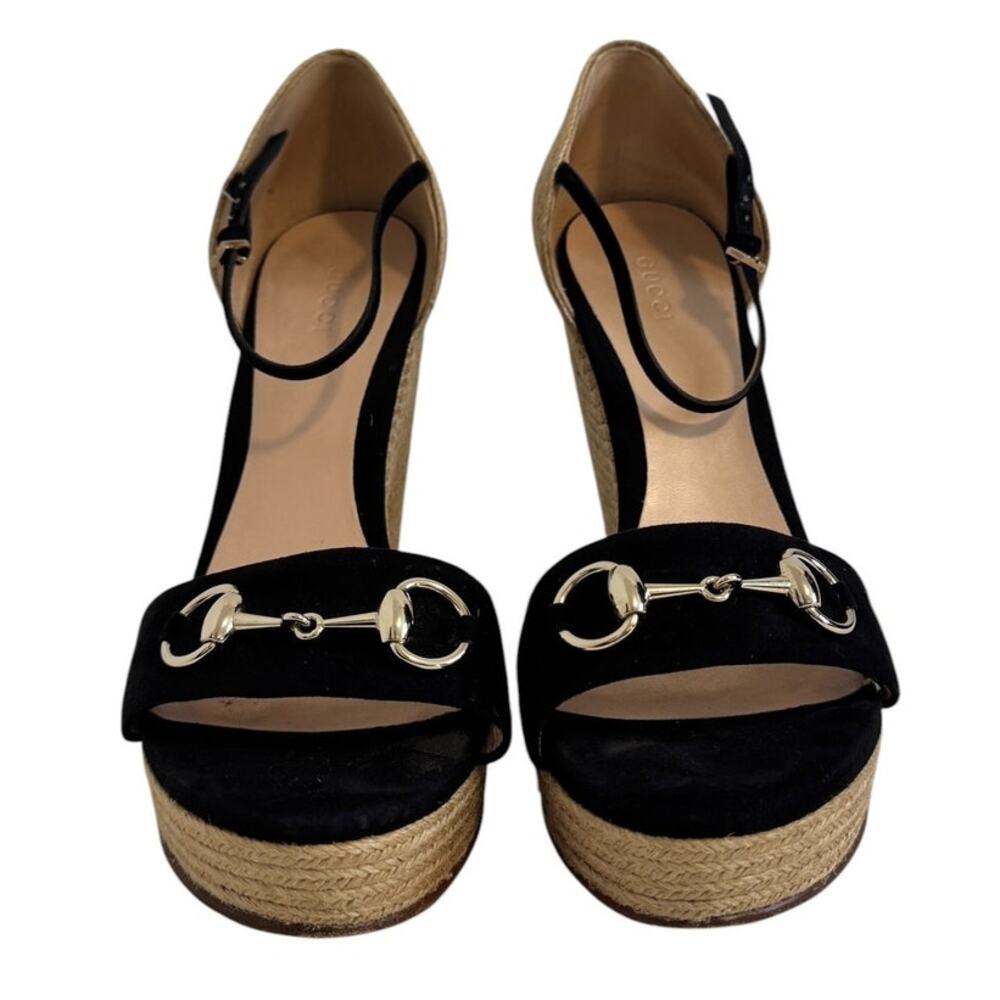 Gucci Horsebit Espadrille Black Suede Wedges Size  41.5 Box & Dust Bags Included - Picture 5 of 16